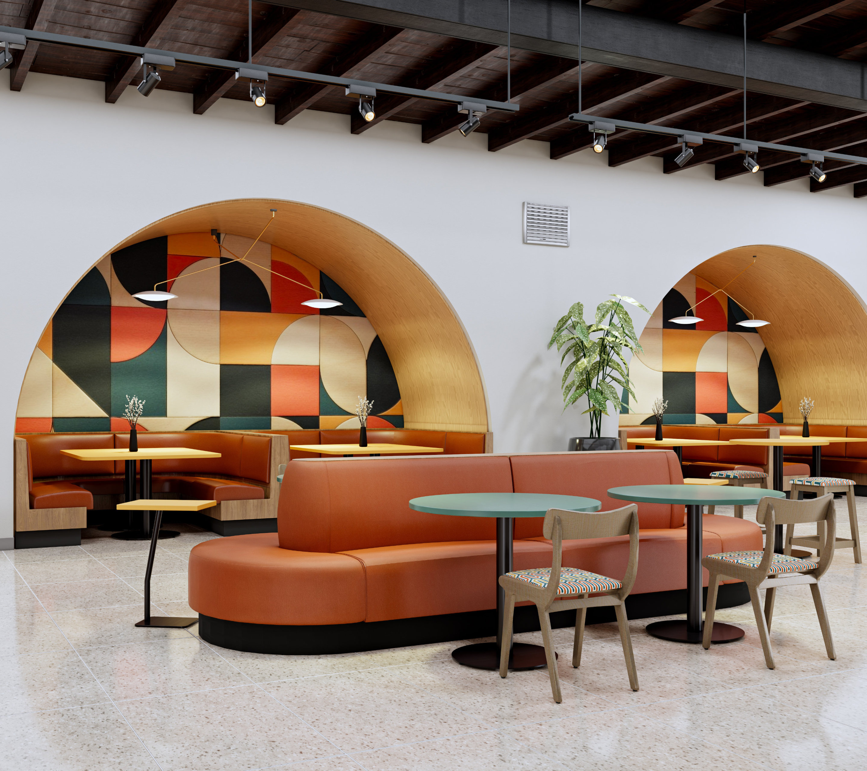 Custom Pill-Shaped Island Pouf, U-Shaped Jupiter Booths, to fit in arched nook