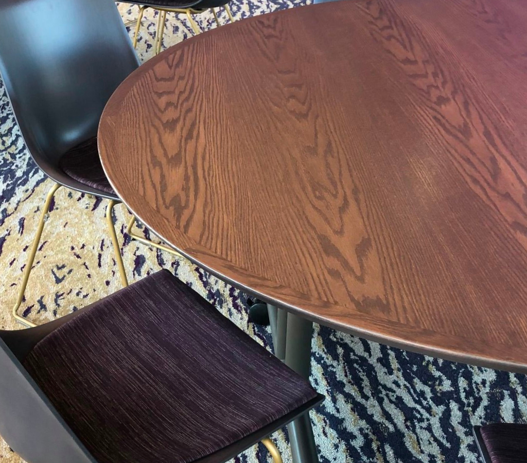 Reverse Knife Table Edge, Custom Stain, Oak Veneer: Prairie View A&M University Welcome Center