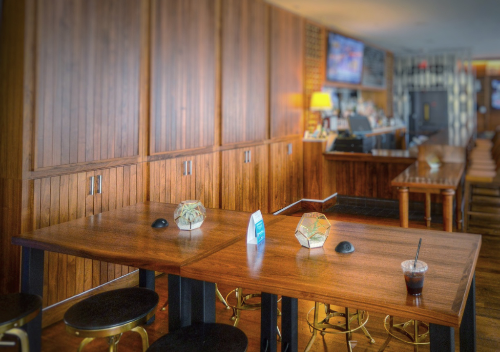 Natural Stain, Flat-Eased Table Edge, Walnut Veneer: Hyatt Centric, The Pike Long Beach