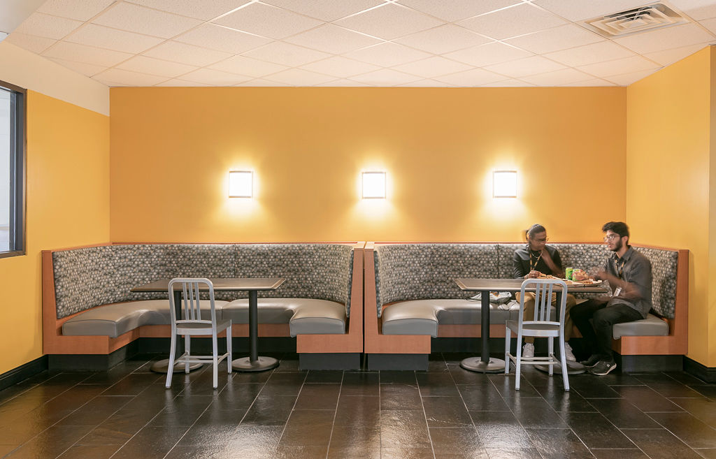 Jupiter Booth Seating, NeoCast Table Tops, Modern Bases, Deco Infinity Seating