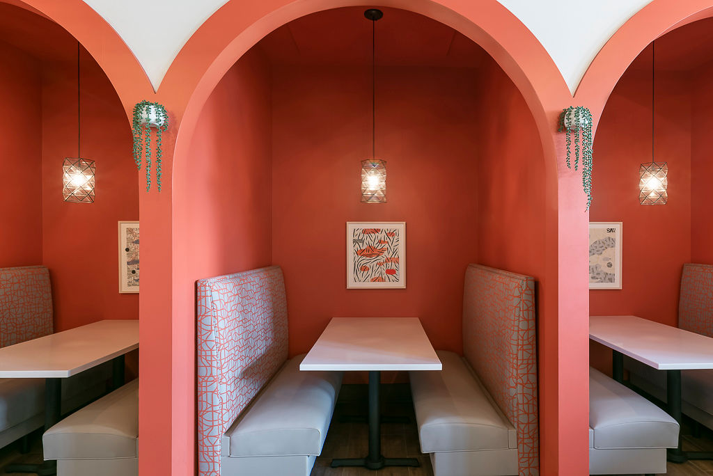 Mercury Single Booths with EverCore Solid Surface Tabletops and Classic Bases